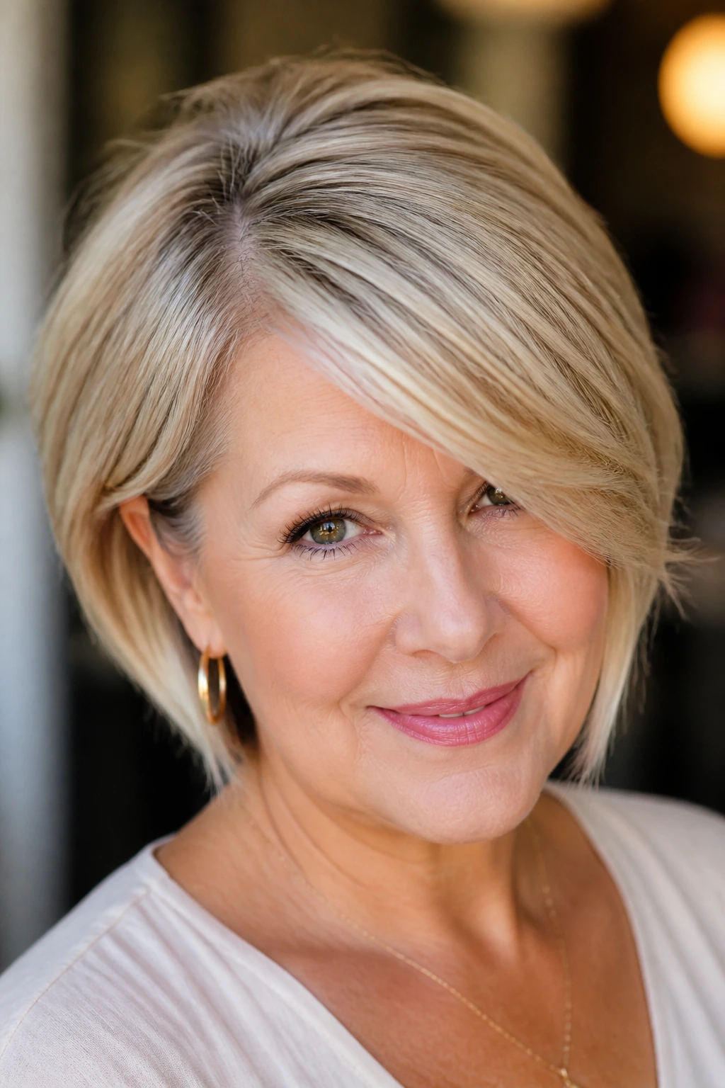 Real woman with a side-part sweepover showing diagonal line and crown lift