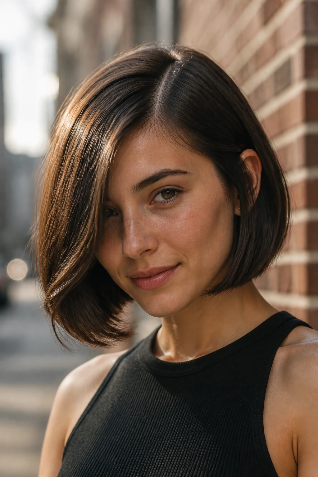 Close-up portrait of a young woman with a side-part swing bob in an urban setting