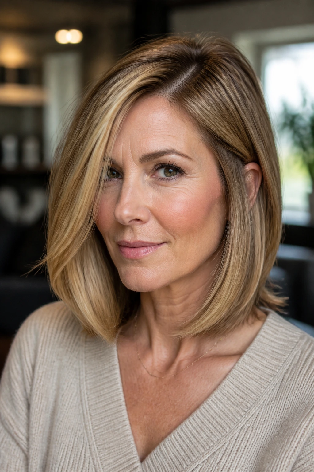 Portrait of a woman with a deep side-part swing lob showing cheekbone movement.