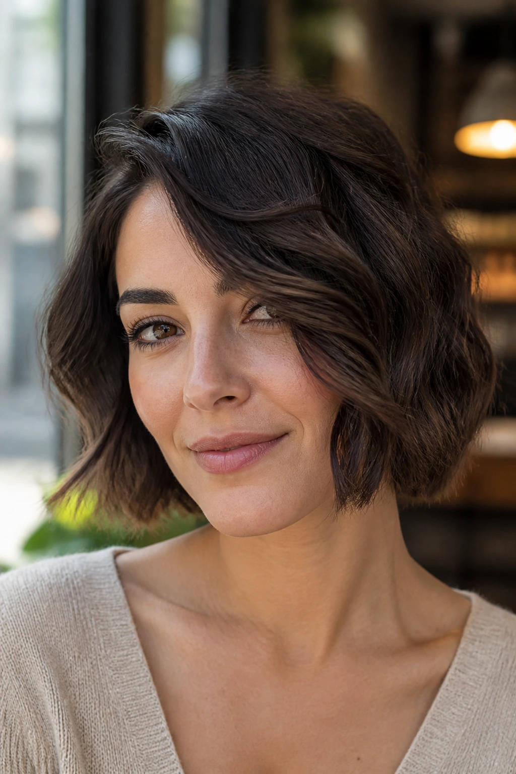 Side-part swoop bob portrait on real woman