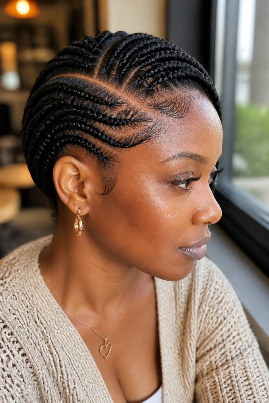 Real person with deep side-part swoop braids