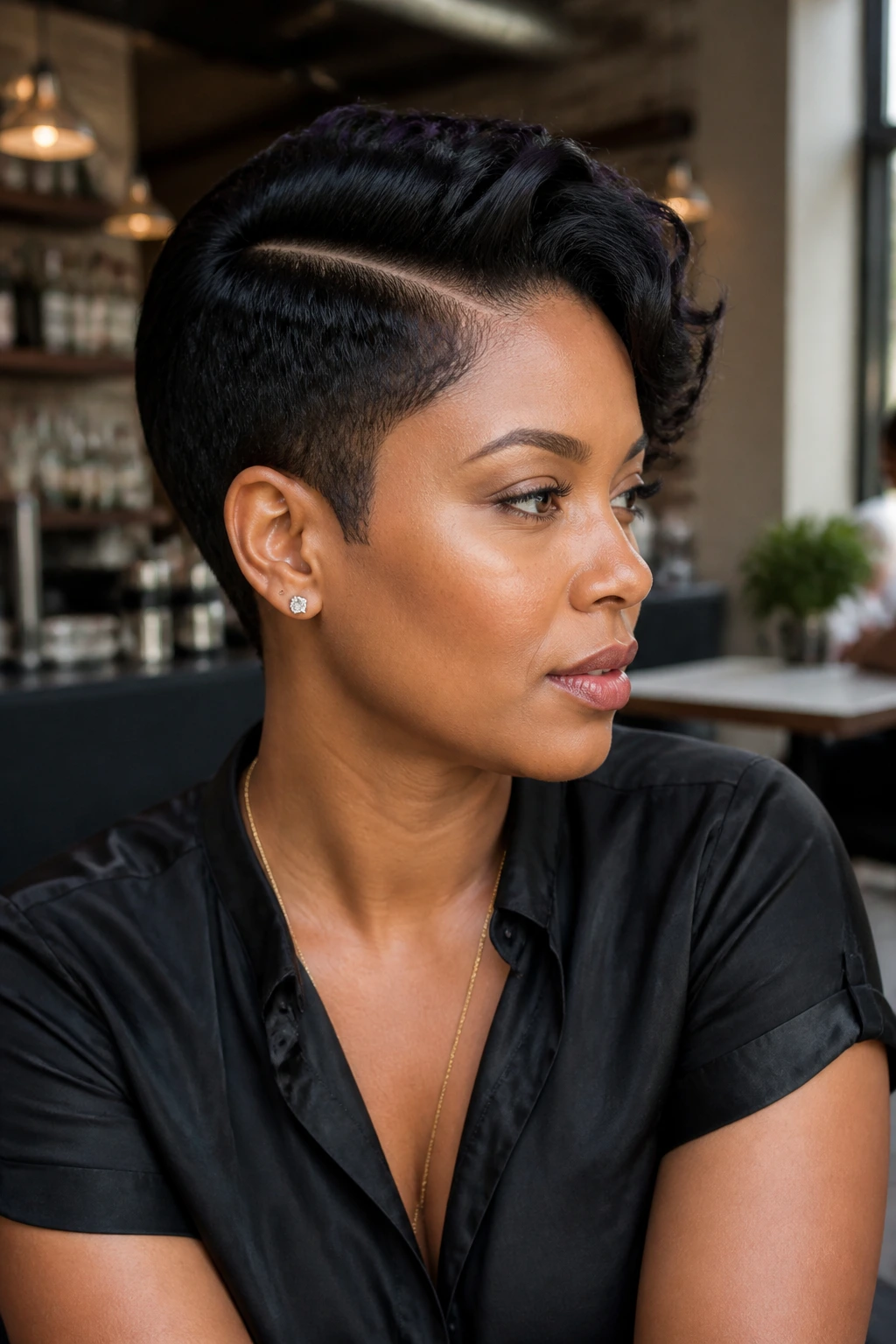 Portrait of a person with a side-part taper and defined edges in a stylish setting