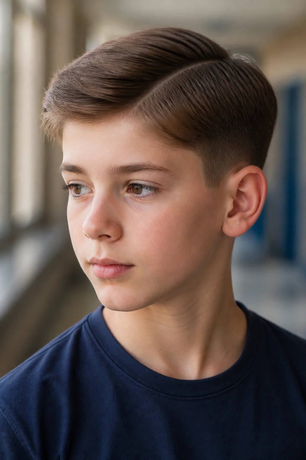 Close portrait of a boy with side part taper hairstyle in a classroom.