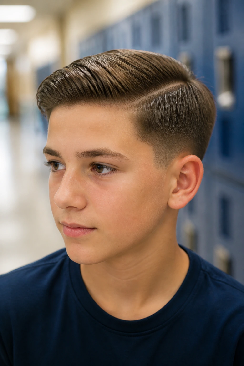 Portrait of a real boy with a defined side part and tapered sides.