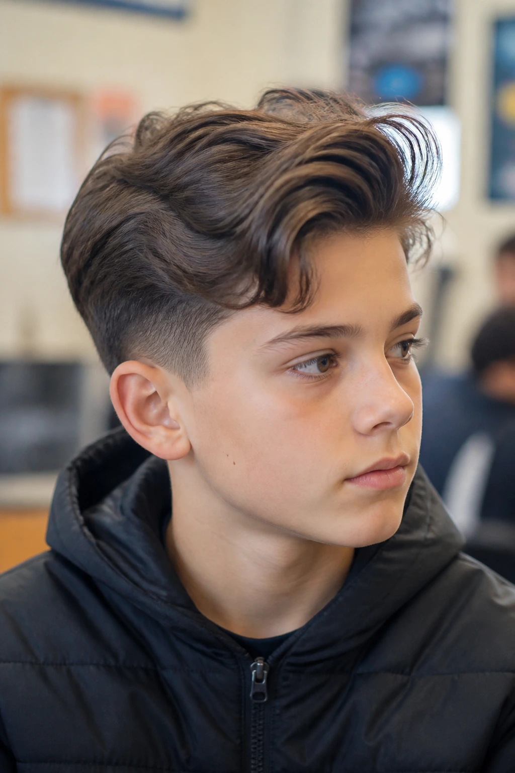 Boy with side-part taper showing waves bending naturally