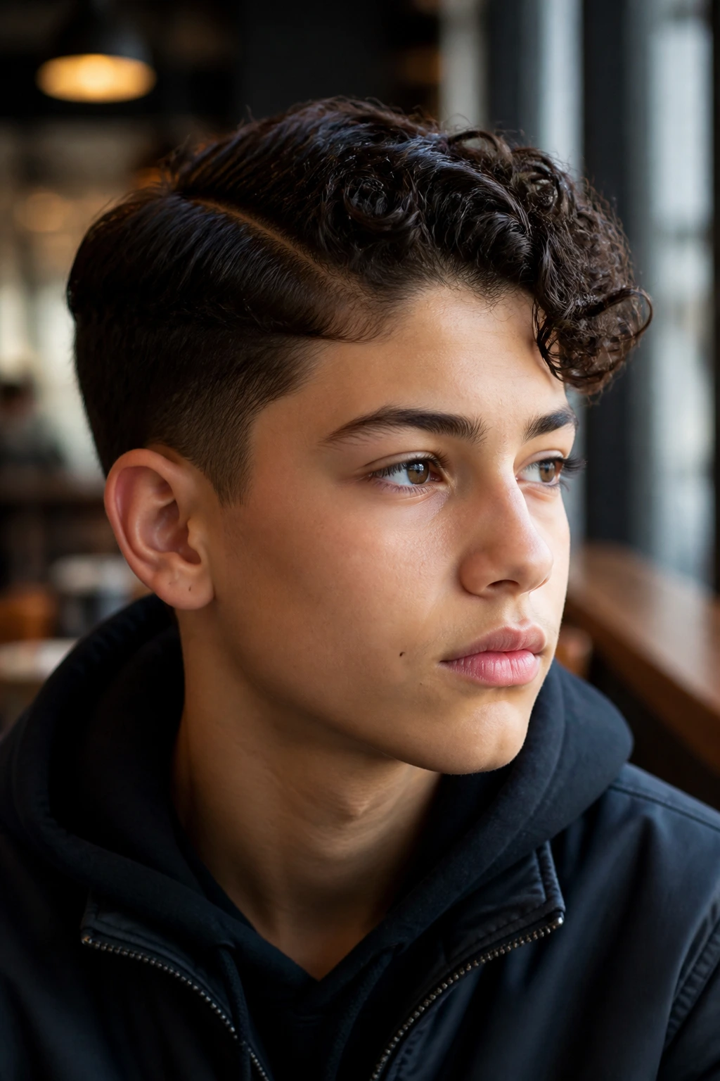 Close-up of real boy showing side-part curly hairstyle with tapered sides