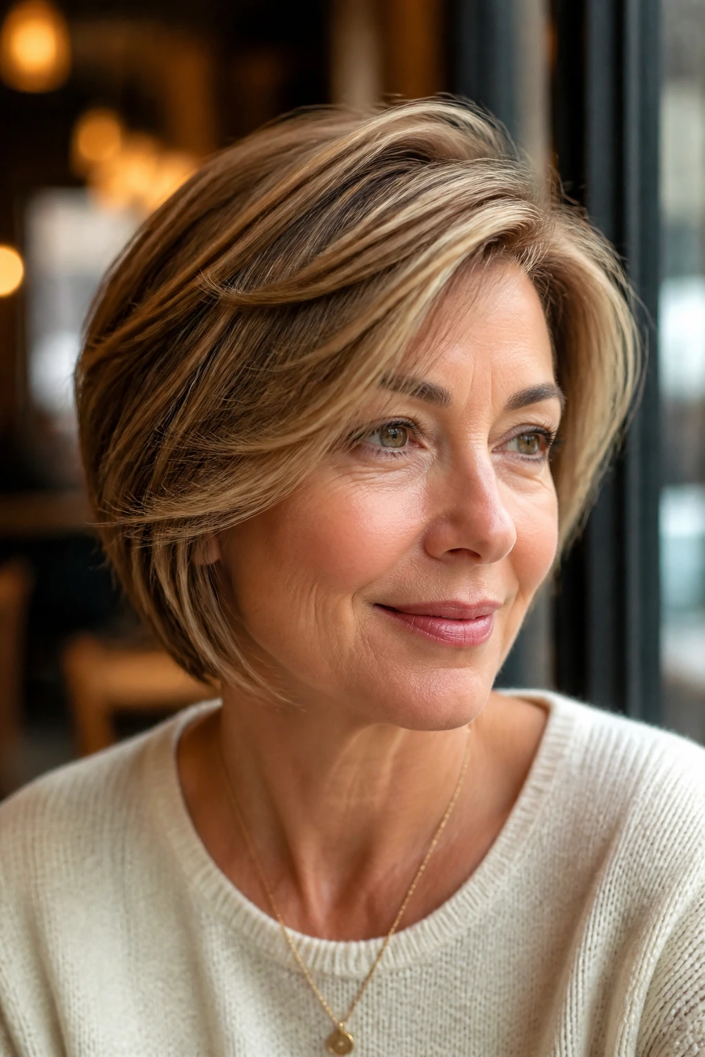 Real woman with a swoopy side-part cut and temple layers