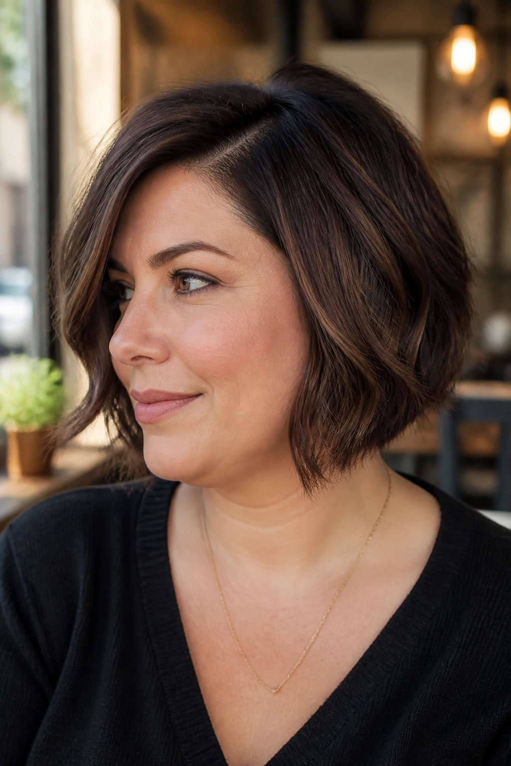 Portrait of a woman with side-parted textured bob in cafe setting