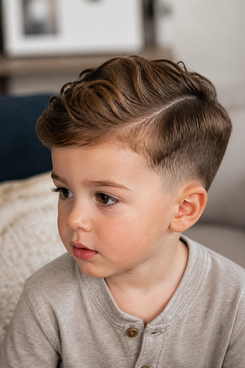 Toddler boy with mini side part and low taper hairstyle