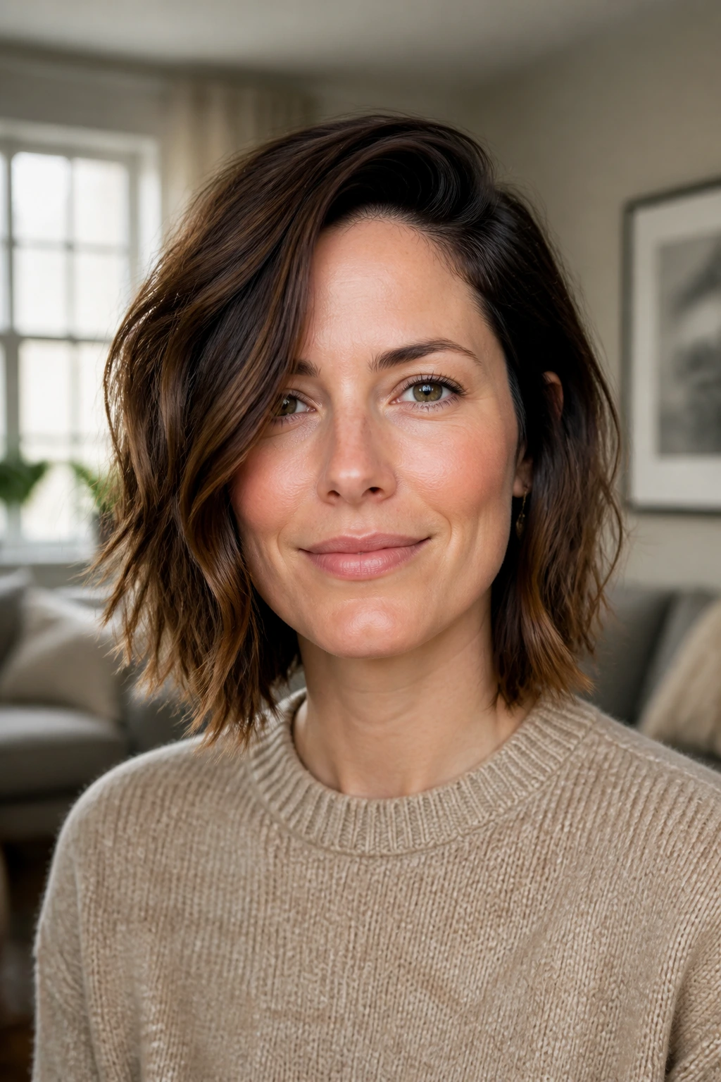 Woman with deep side part softening square jawline.