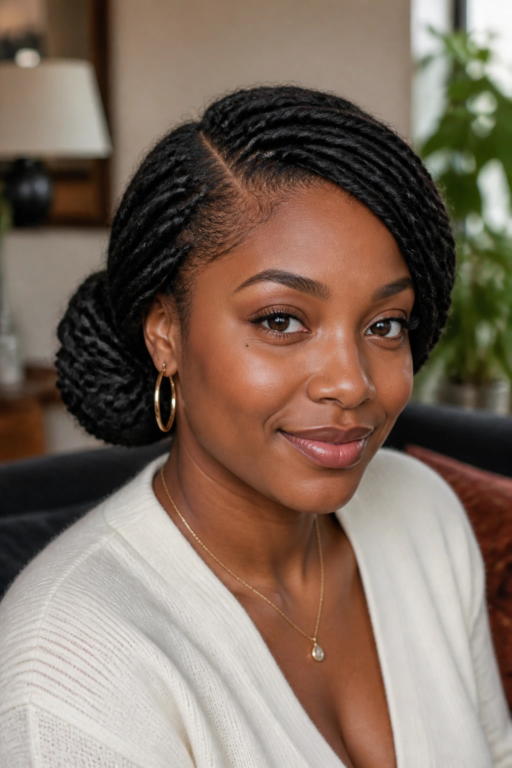 Real woman with side-part twist bun softening the look
