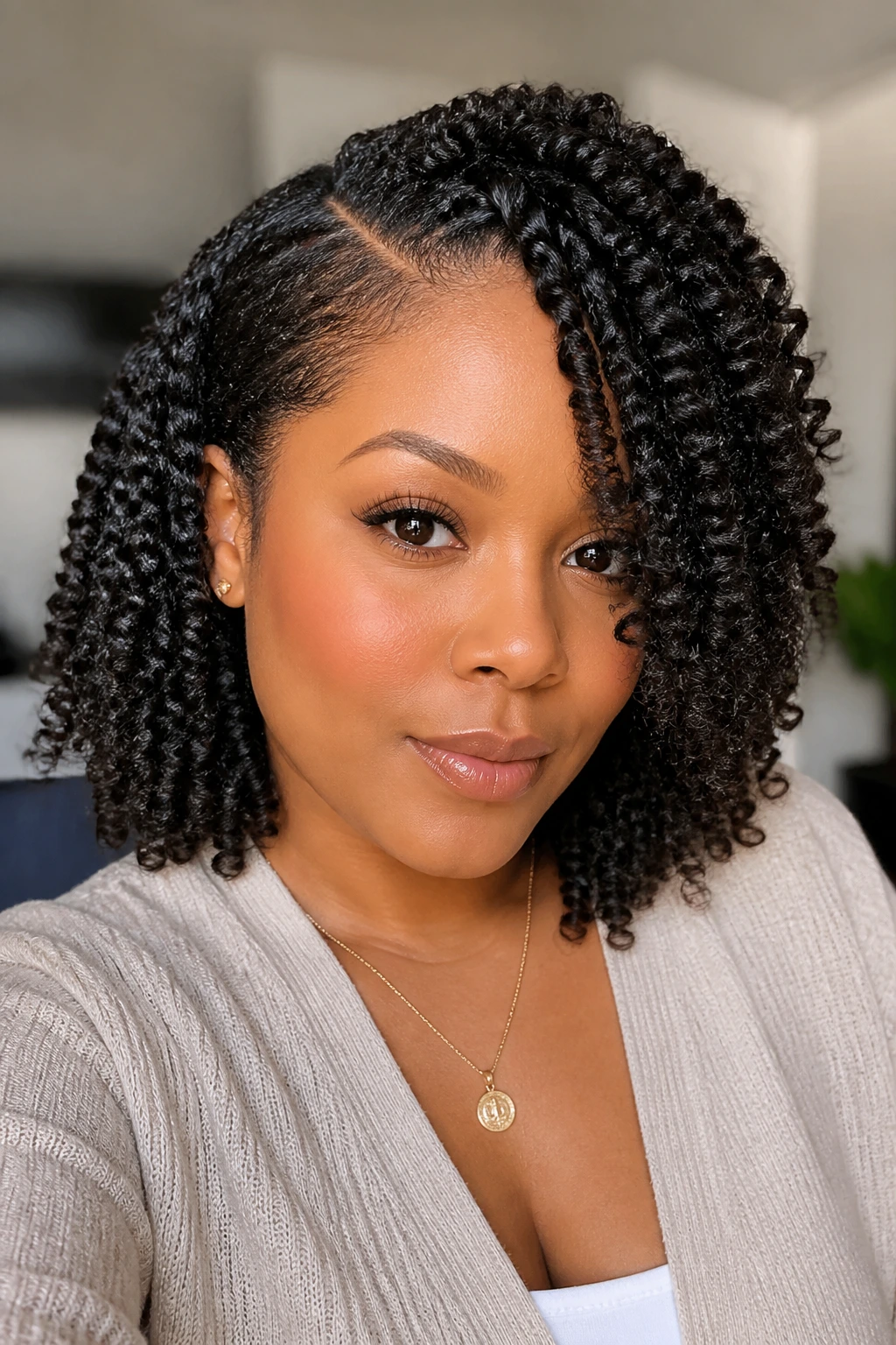 Real woman with side-part twist-out lob close-up portrait