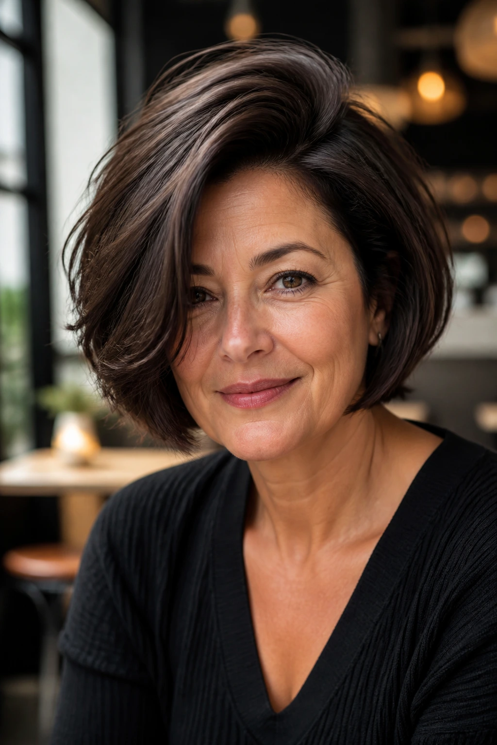 Close-up portrait of a real woman with a side-part volume bob.