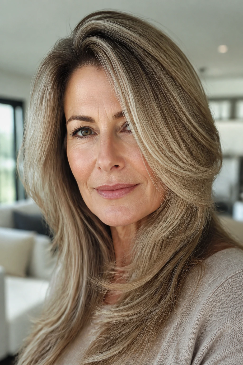 Real woman with side-part volume and deep layers in a bright living room.