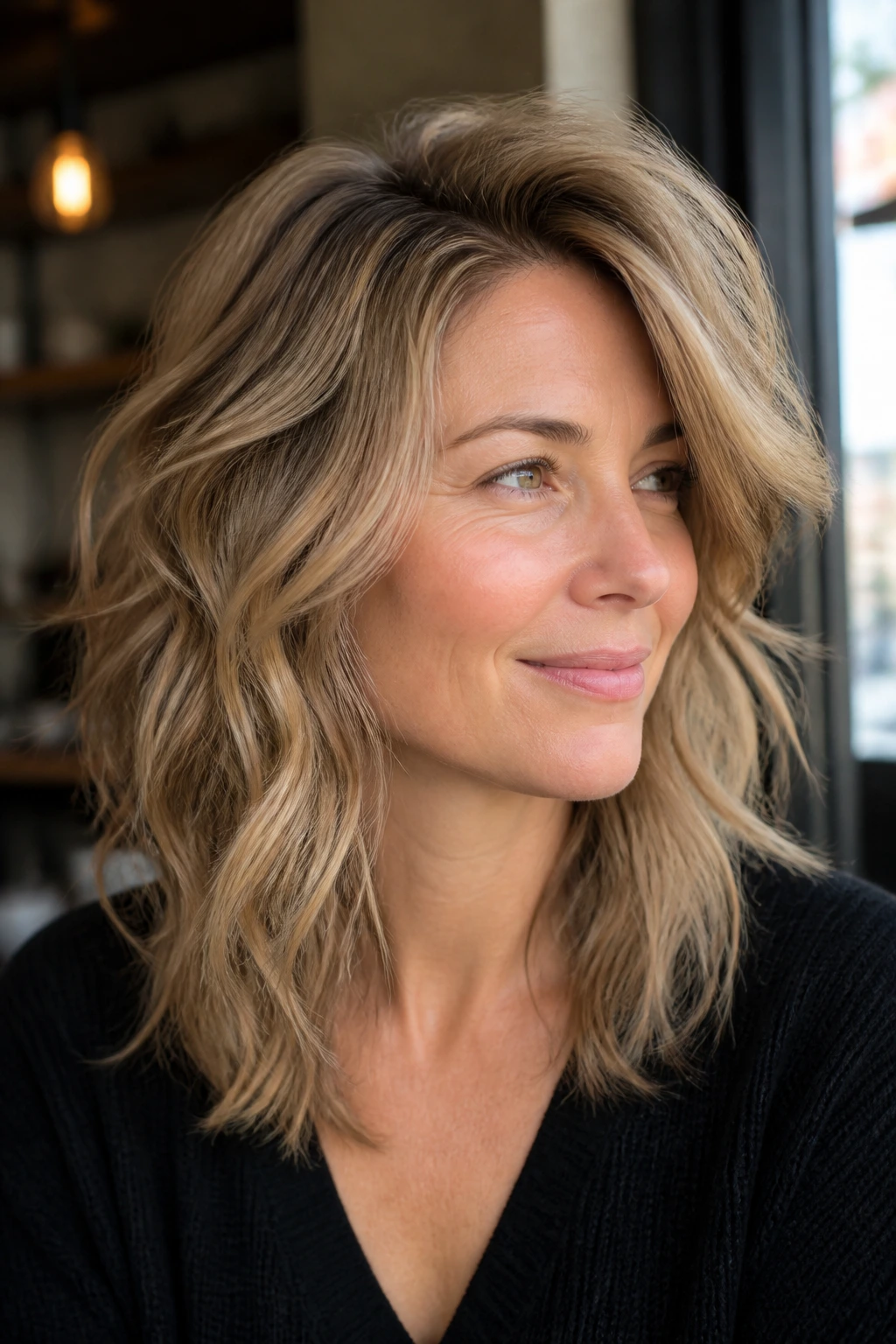 Real person with a pronounced side part and voluminous roots in natural light