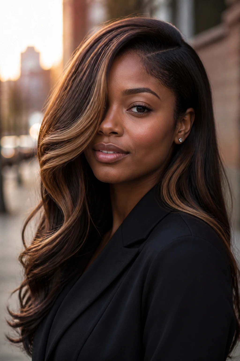 Portrait of a woman with a side-part and warm caramel sweep