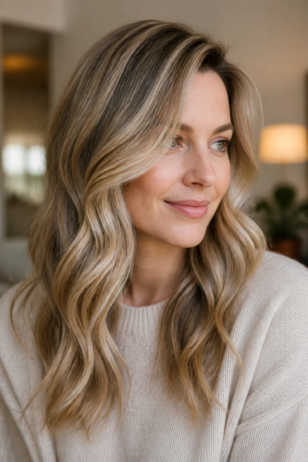 Portrait of a woman with a soft side-part and loose waves to prevent wash-out with pale skin.