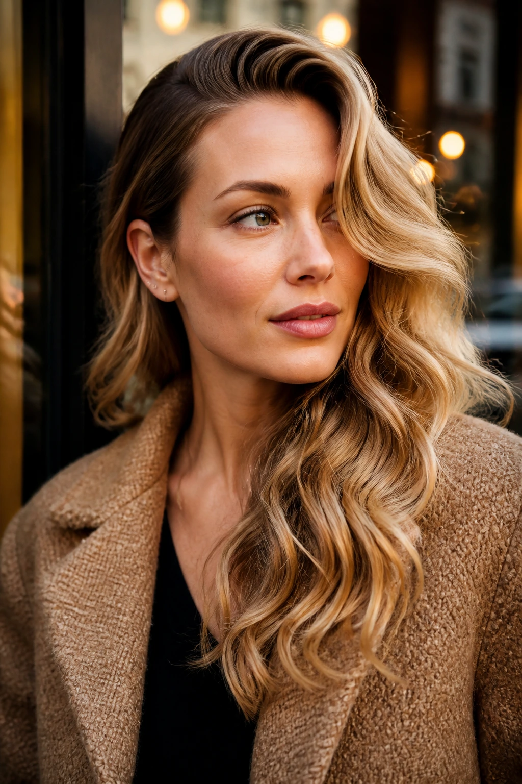 Real woman with deep side-part and dramatic wave