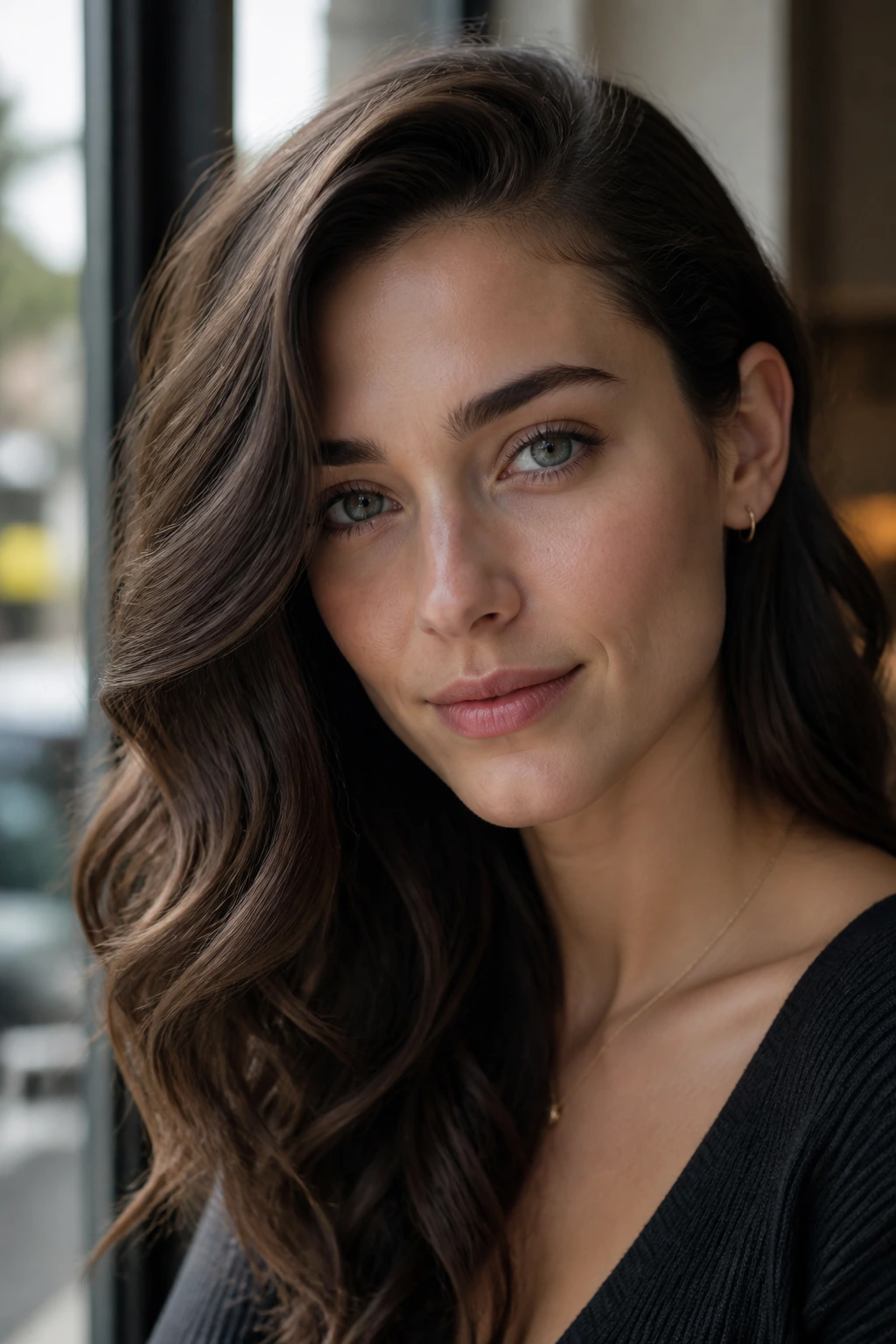 Close-up of a real woman with side-parted waves and a tucked ear in daylight.