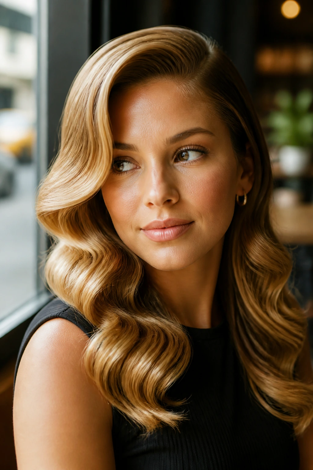 Close-up of Side-Part Hollywood Waves with Deep Honey Shine on a real woman in cafe-window light