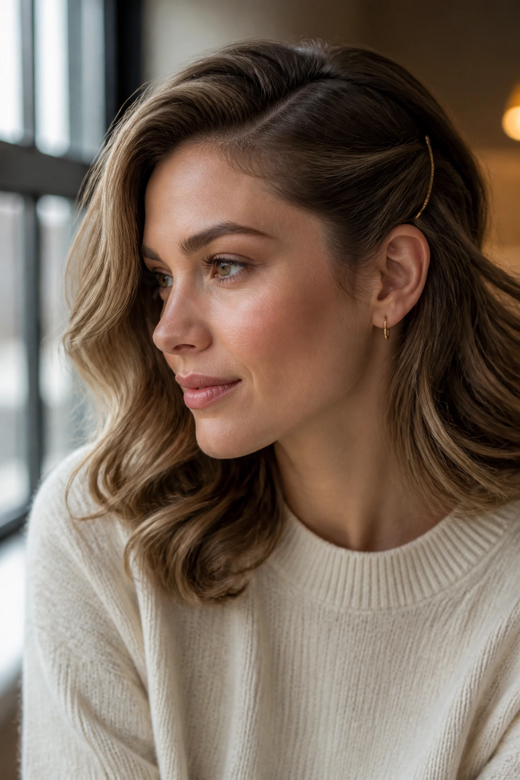 Close-up portrait of a woman with soft side-part waves and a pin tuck