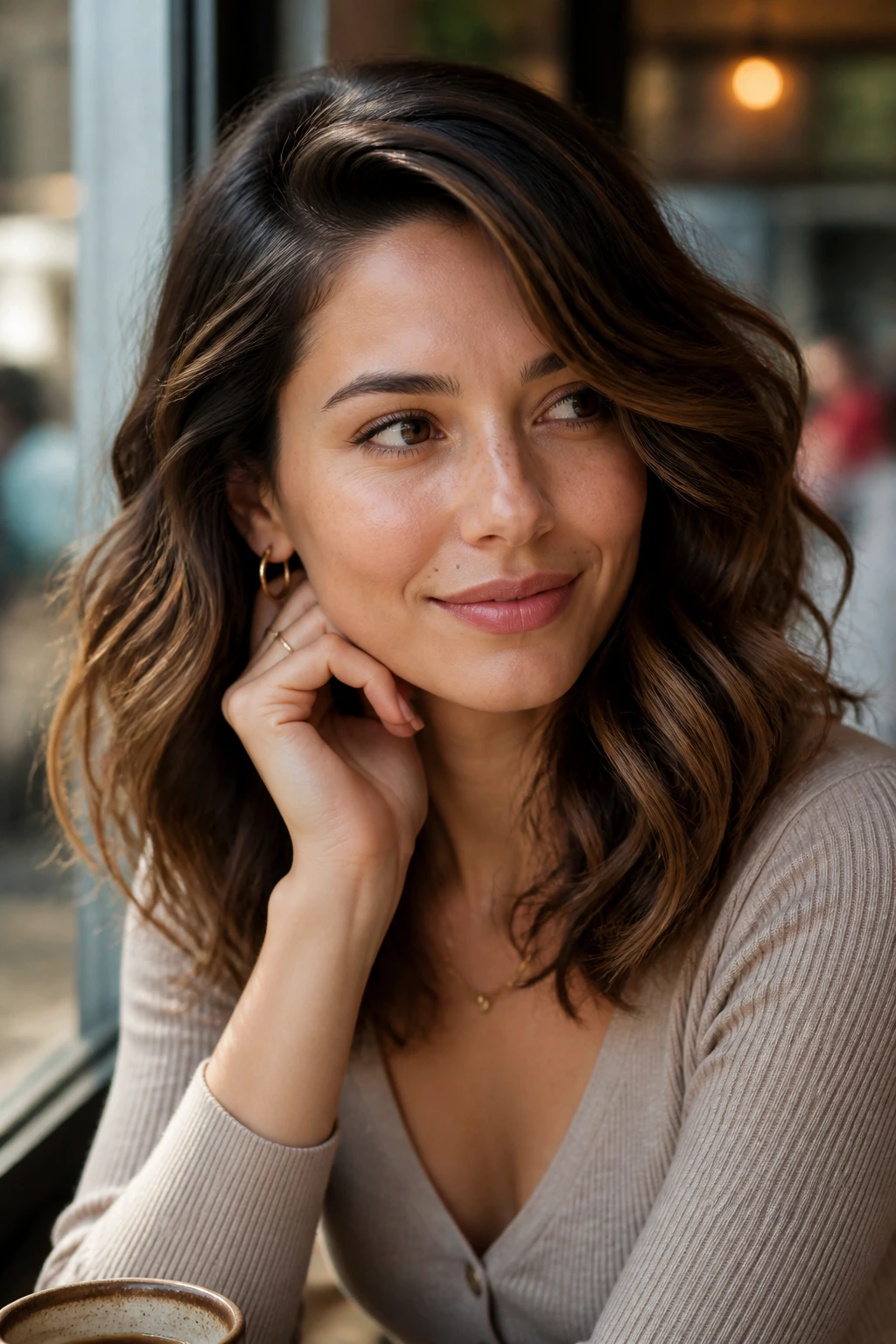 Close-up of a woman with side-parted loose waves framing her cheekbones