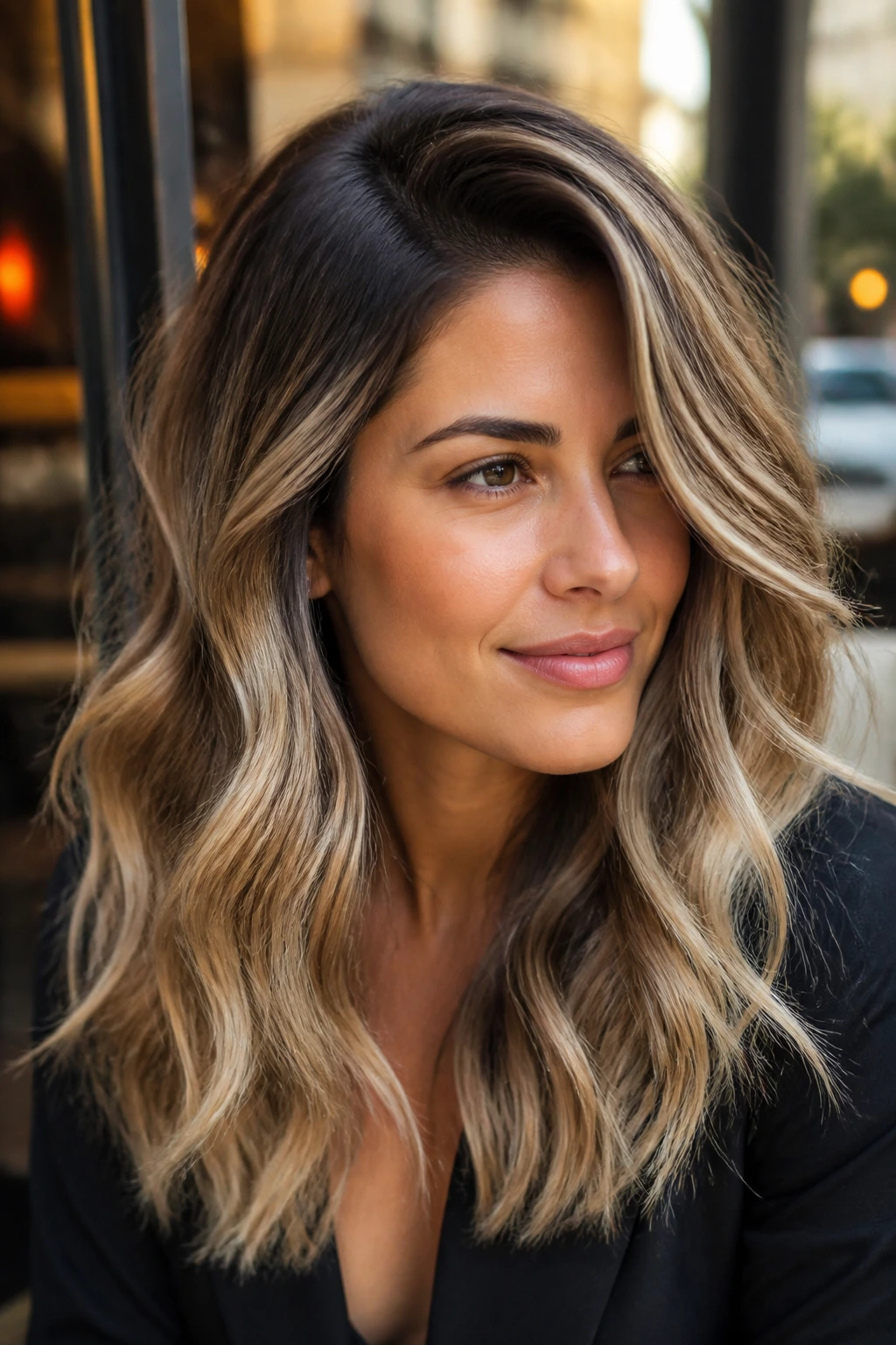 Close-up portrait of a real woman with side-part waves and root smudge in golden hour light