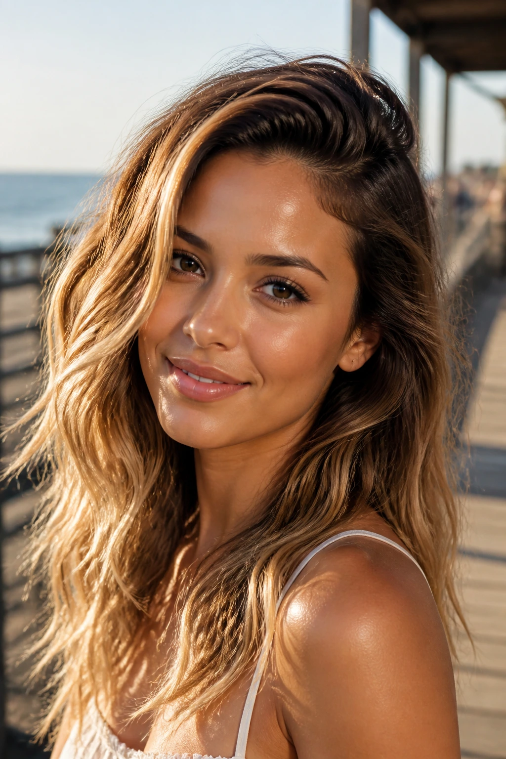 Close-up of side-part waves with surf-light tips on a real woman