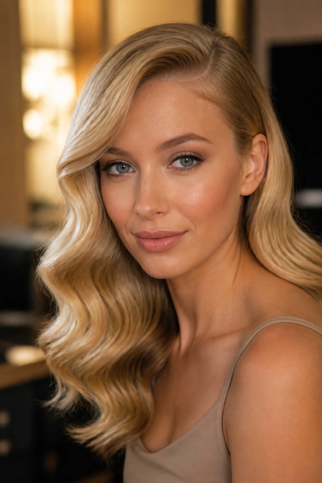 Real woman with deep side-part Old Hollywood waves