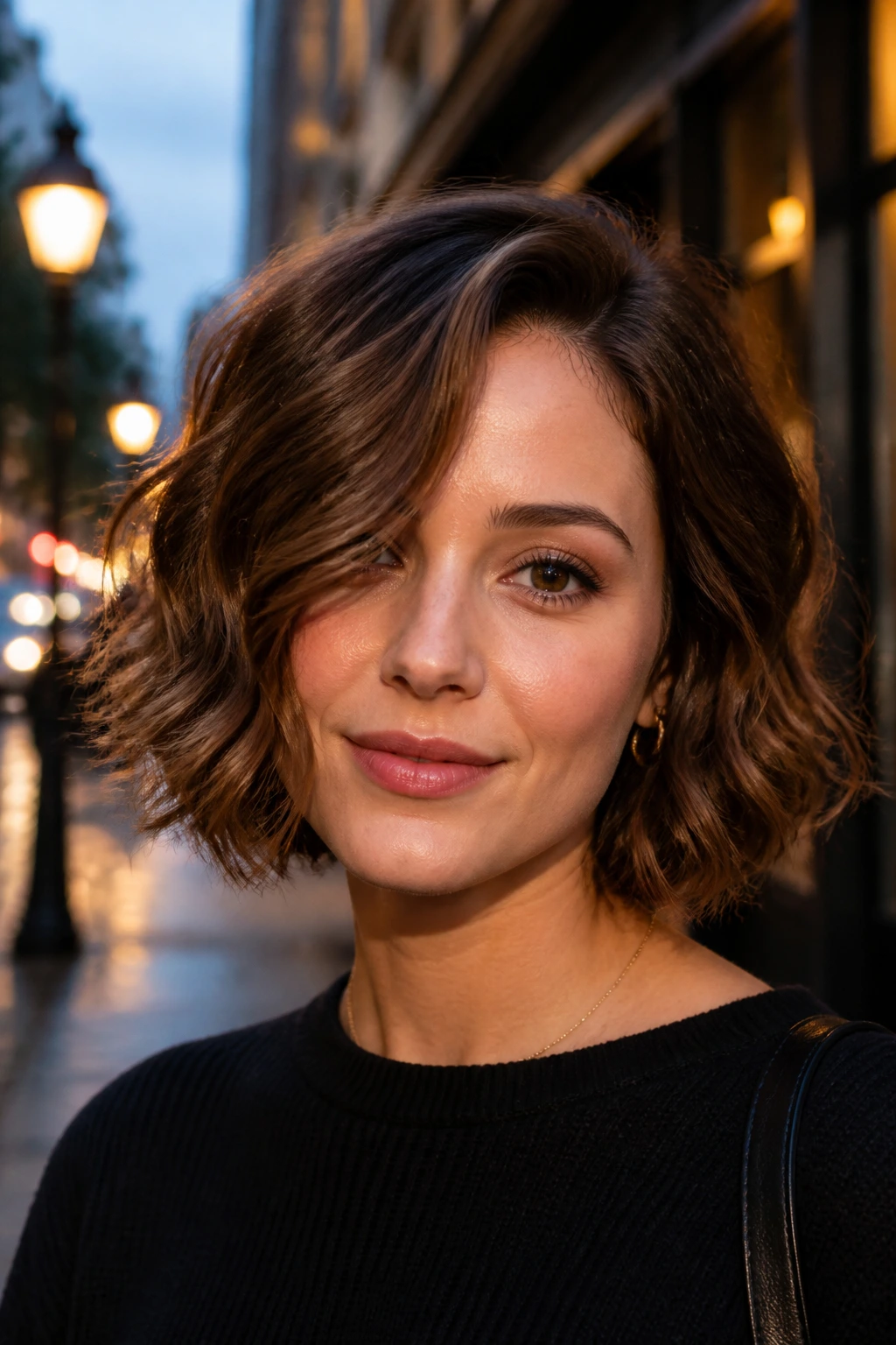 Close-up of real woman with a side-part wavy bob; deep side part and soft rounded ends.