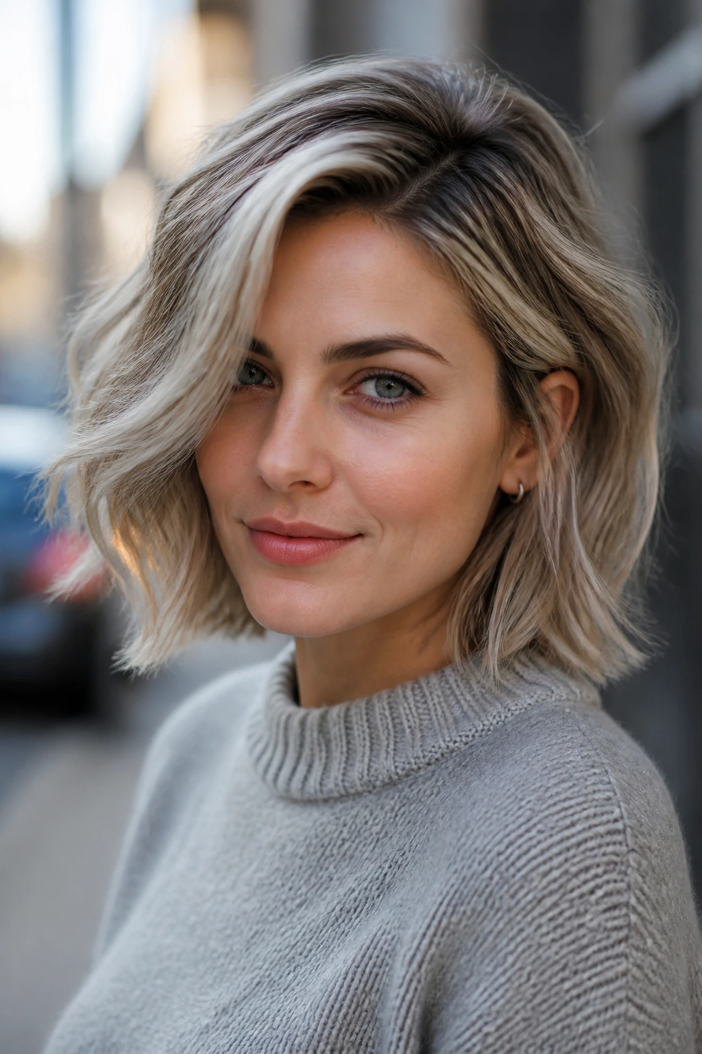 Side-part wavy bob with smoke-beige dimension