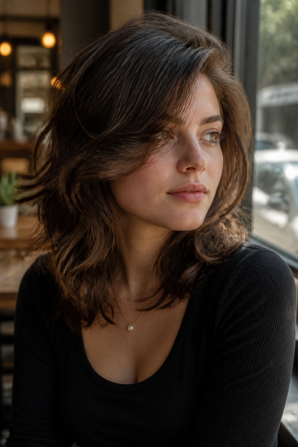 Portrait of a real woman with a side-part wolf cut and sweeping fronts.
