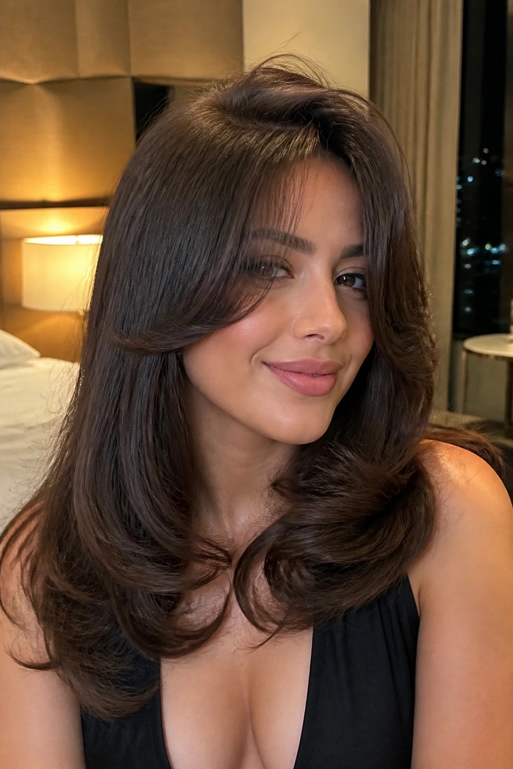 Close-up of a real woman with a voluminous blowout and side-parted hairstyle.