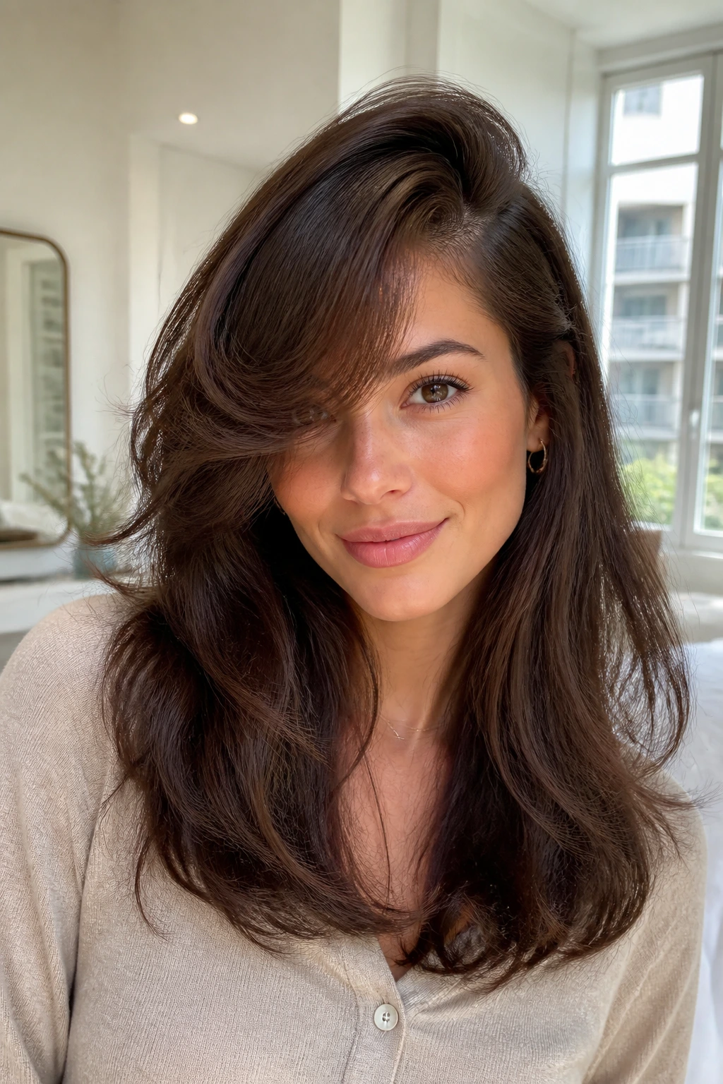 Close-up of a woman with a side-parted blowout hairstyle