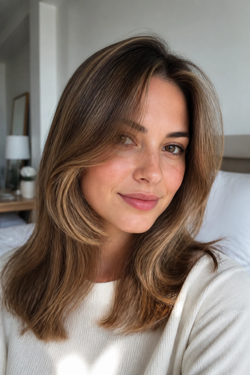 Close-up of real woman with side-parted blowout and curtain bangs in bright natural light.