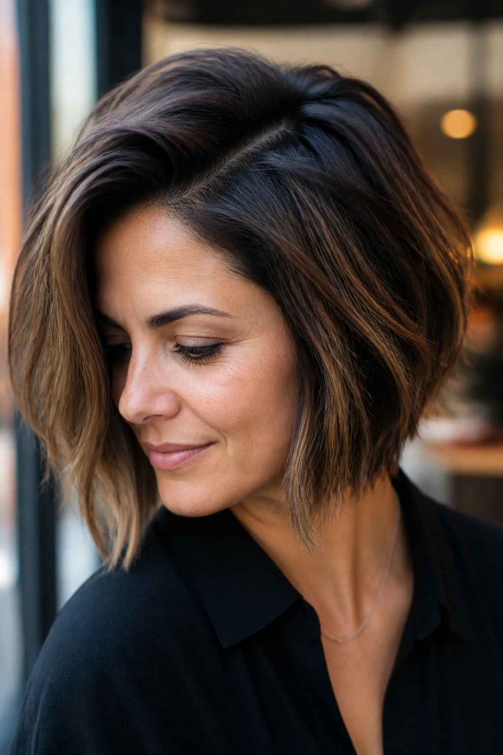 Close-up of a woman with a deep side-parted bob showing broken texture