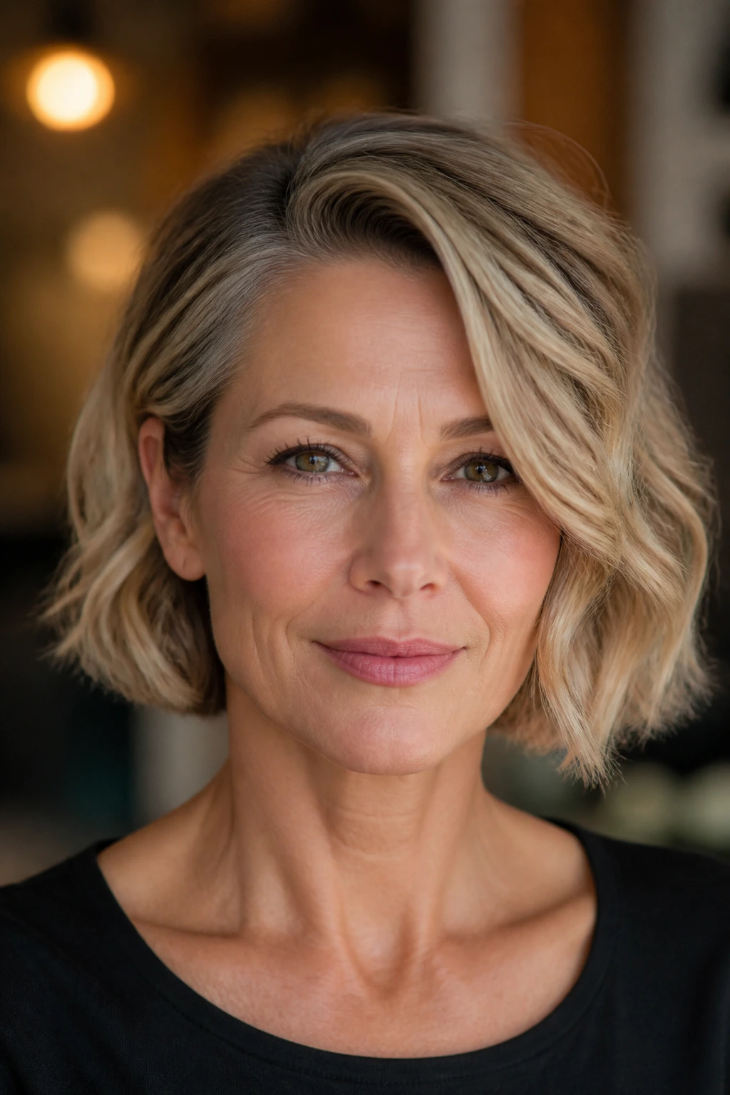 Portrait of a woman with a side-parted bob and cheekbone waves