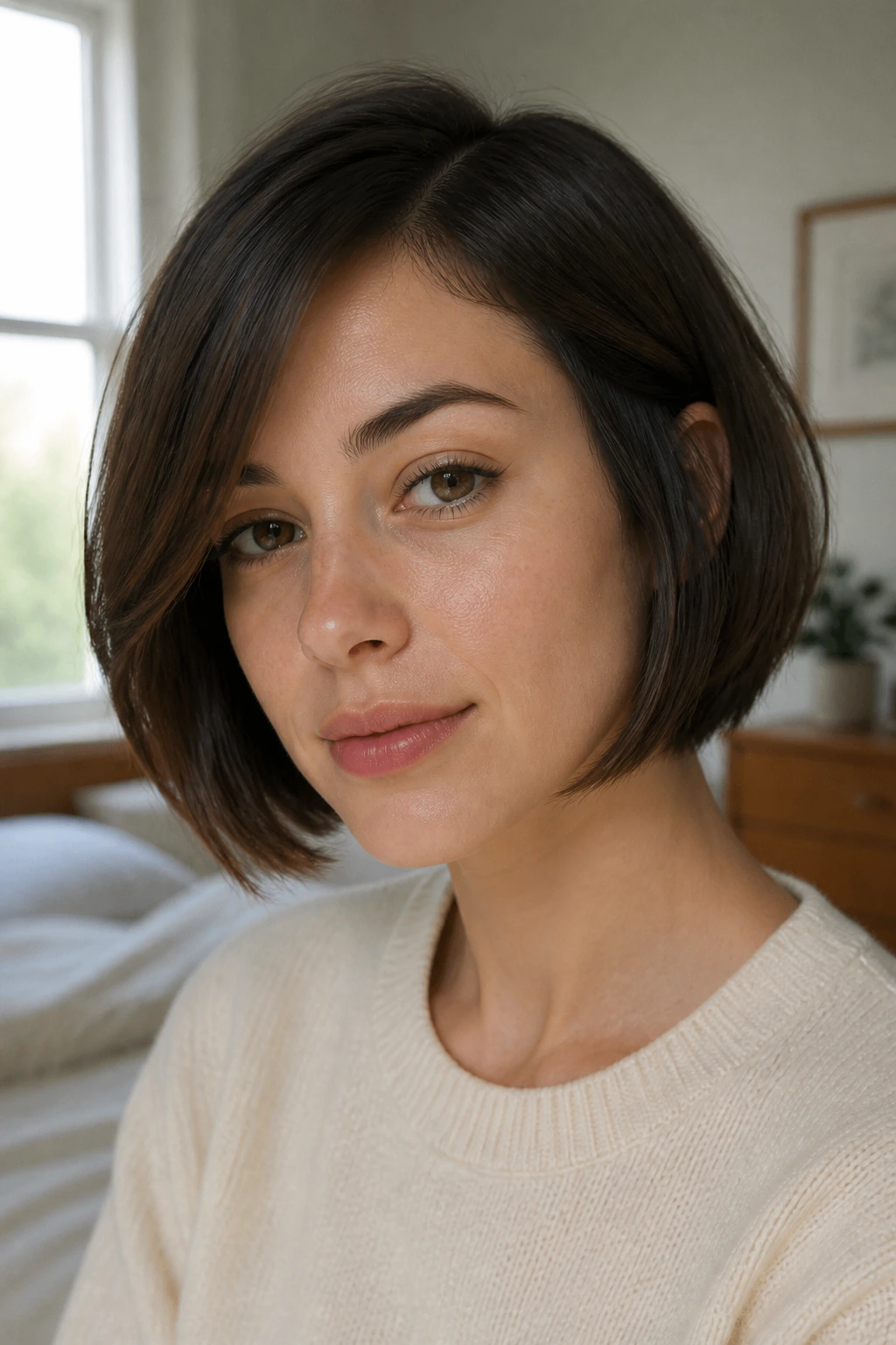Close-up portrait of a real woman with a side-parted French bob in window light