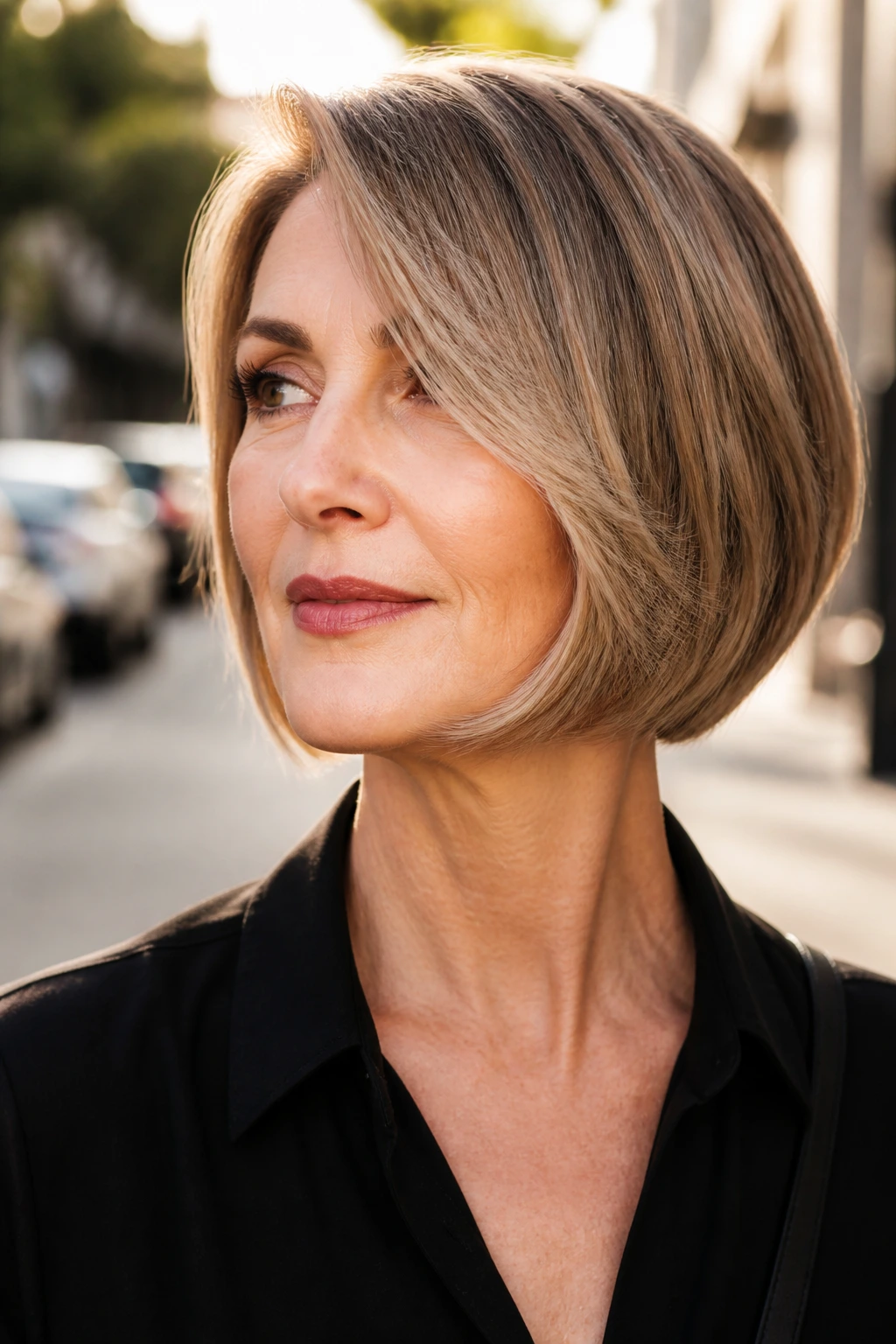 Close-up of a real woman with a side-parted bob and jawline sweep
