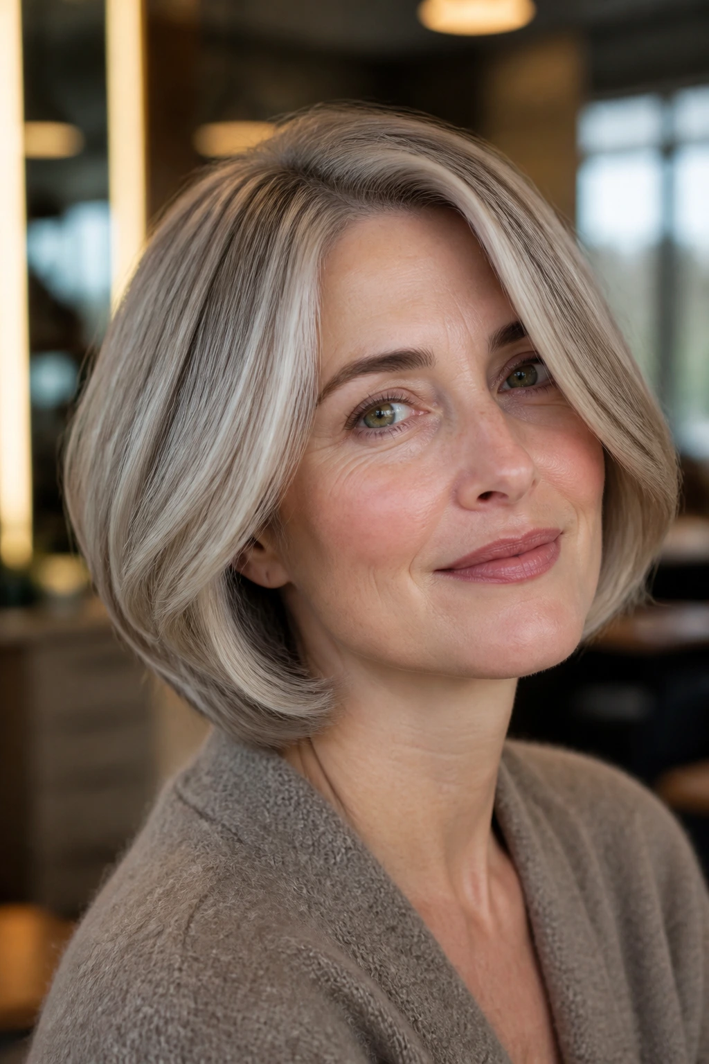 Close-up portrait of side-parted French bob with pearl glaze on fair skin