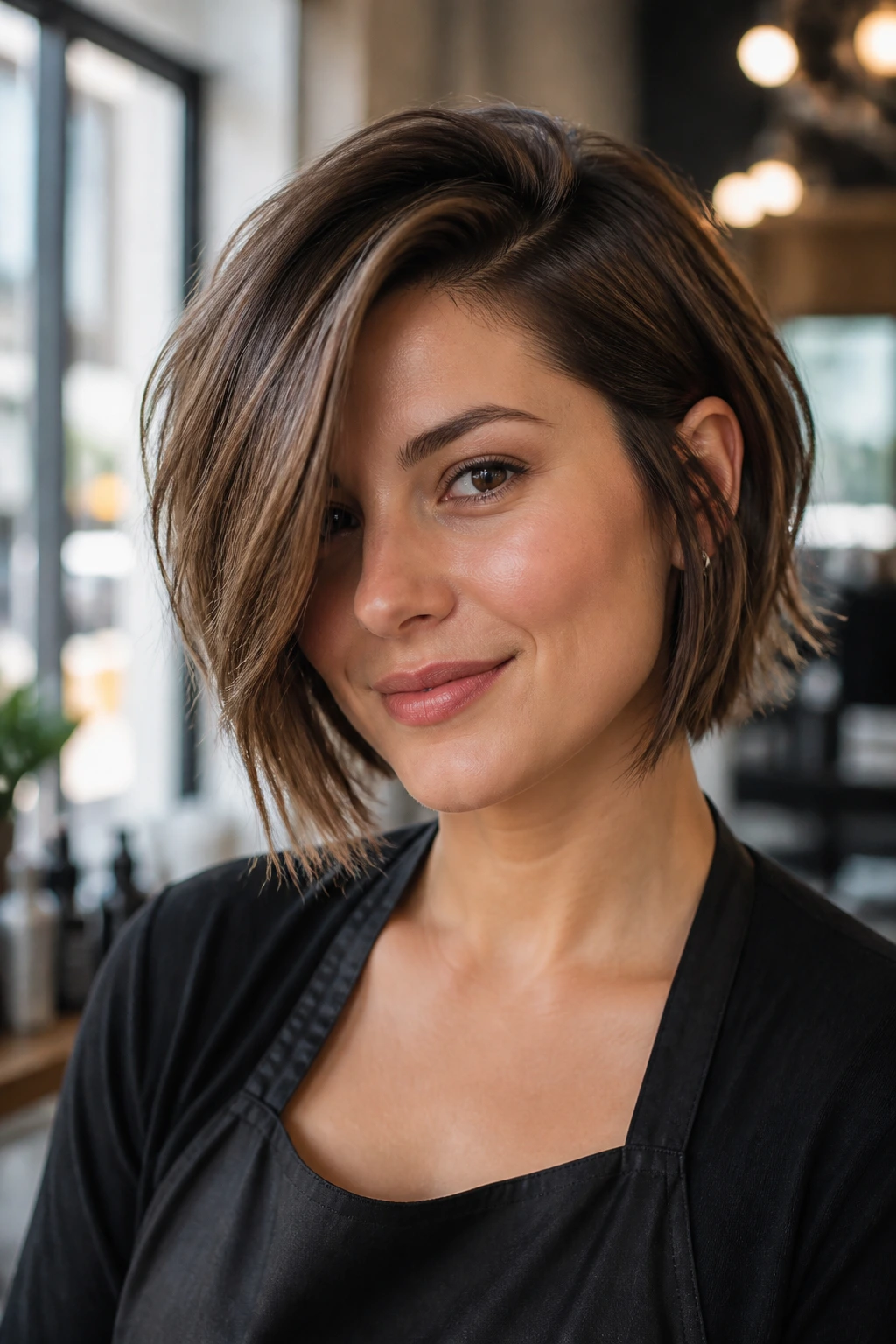 Close-up of a real woman with a deep side-parted sliced bob, sharp ends and natural hair texture