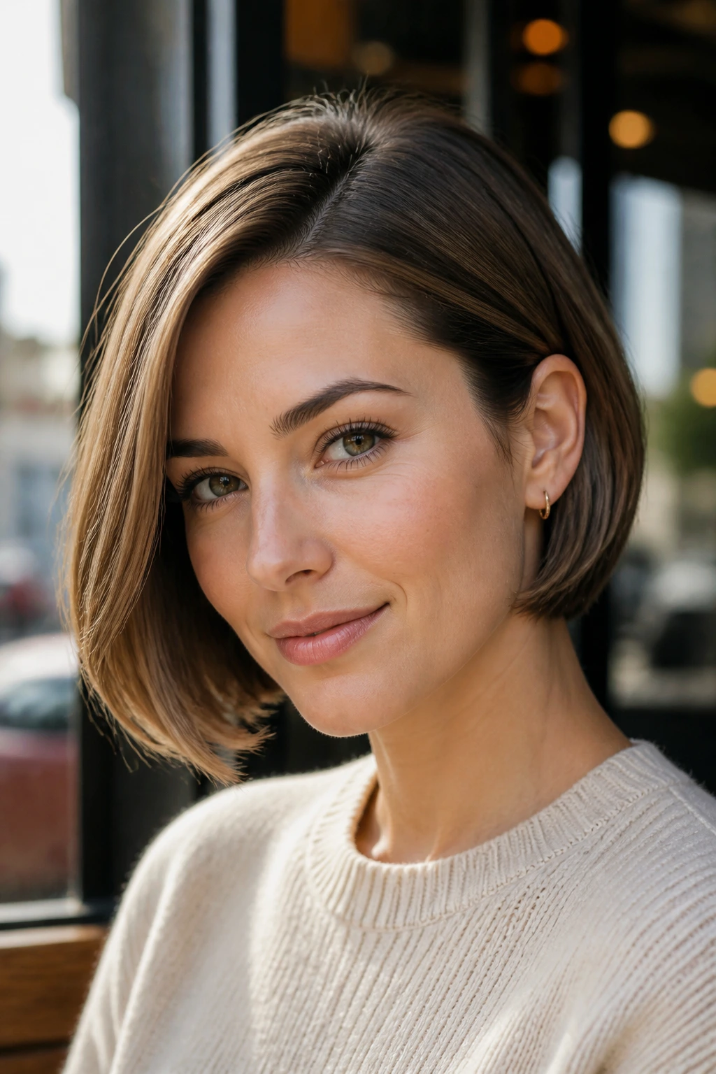 Close-up of a real woman with a side-parted bob and tucked ends behind the ear