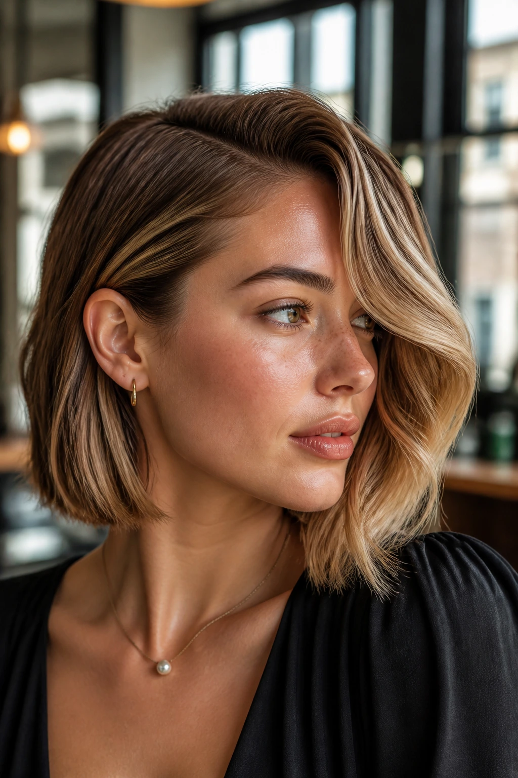 Close-up of side-parted bob with a heavy wave and caramel highlights on a real person