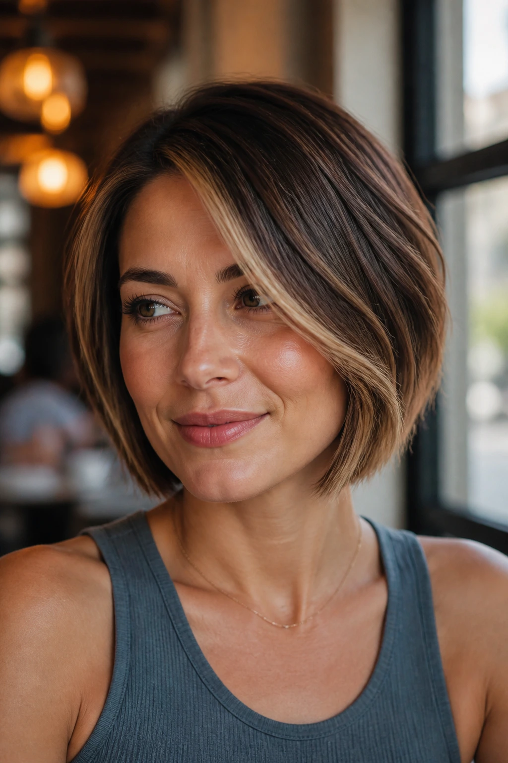Portrait of a real woman with side-parted chin bob and face-frame highlights