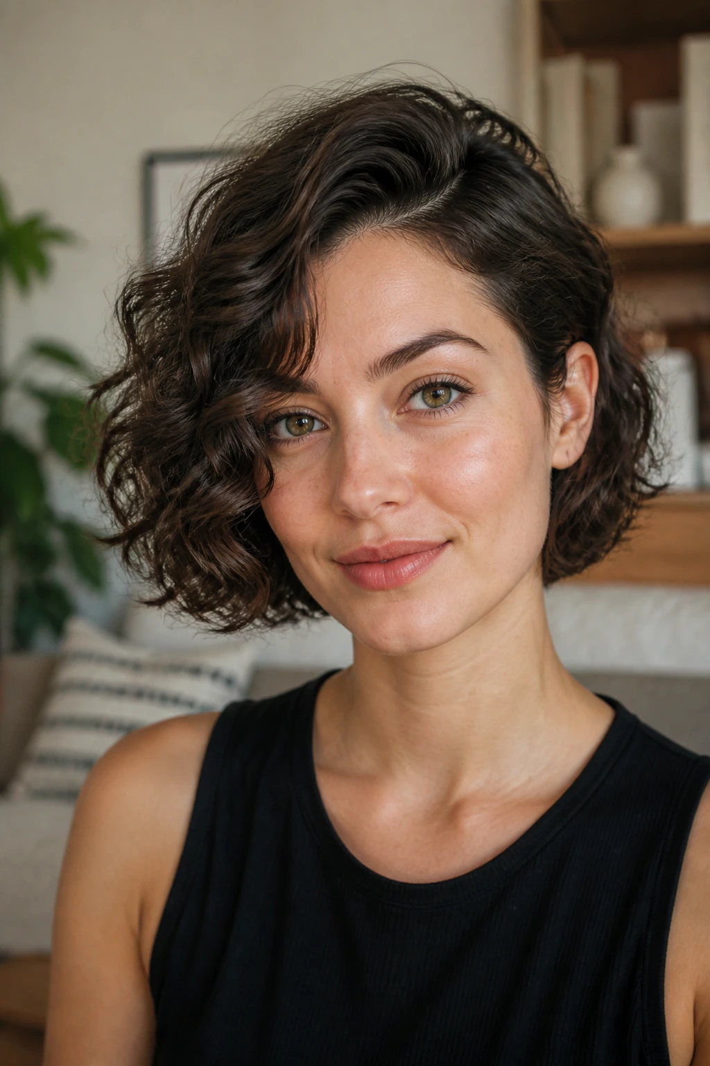 Real person with side-parted chin-length curly cut in cozy setting