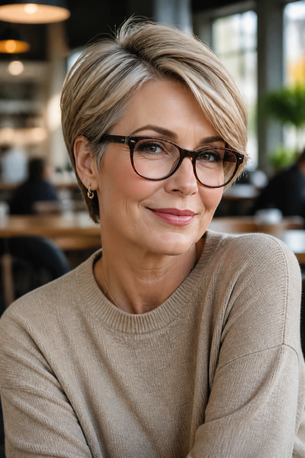 Real woman with side-parted crop haircut and glasses