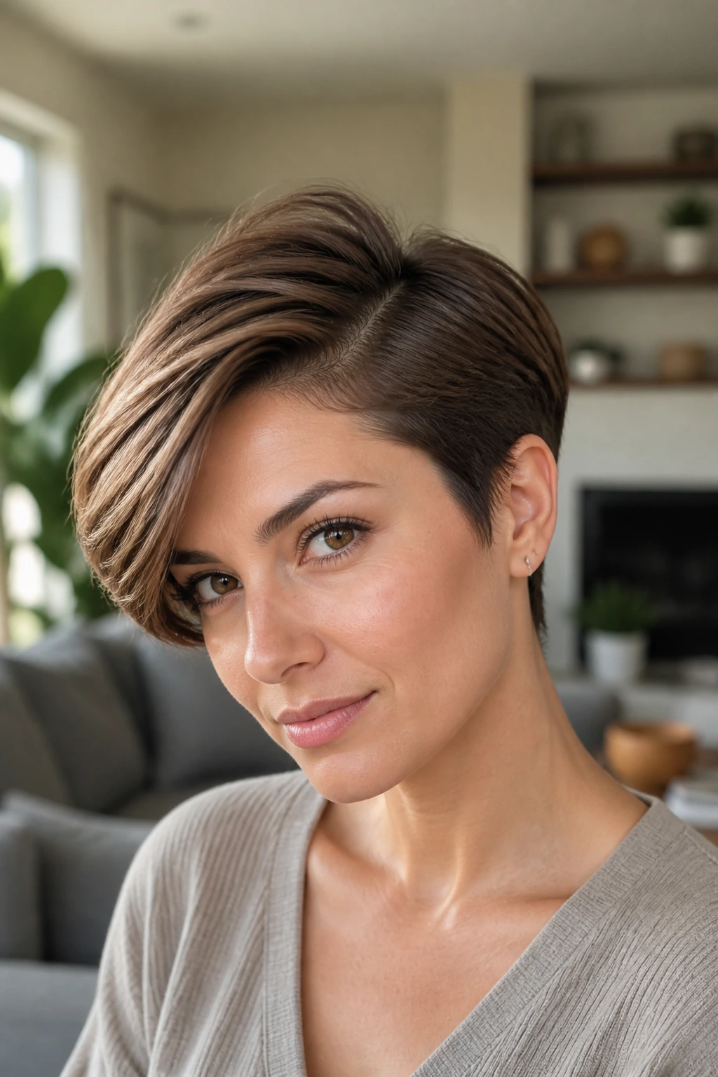 Close-up of a real woman with a side-parted crop and temple layers, natural window light