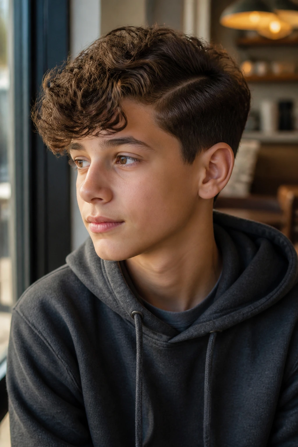Boy with side-parted curly cut, curls sweeping to the side