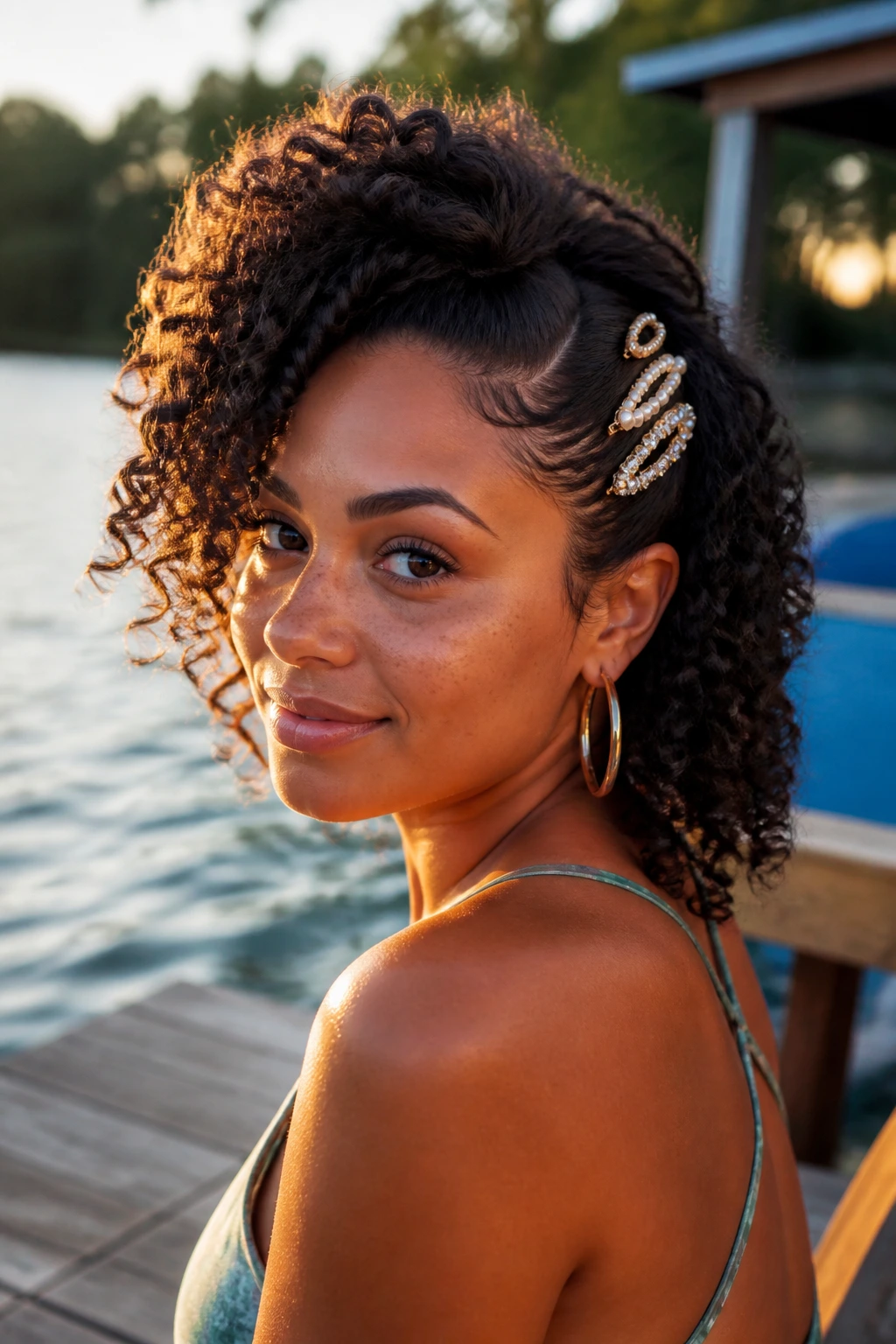 Close-up of a real woman with side-parted puff and statement clips by a lake