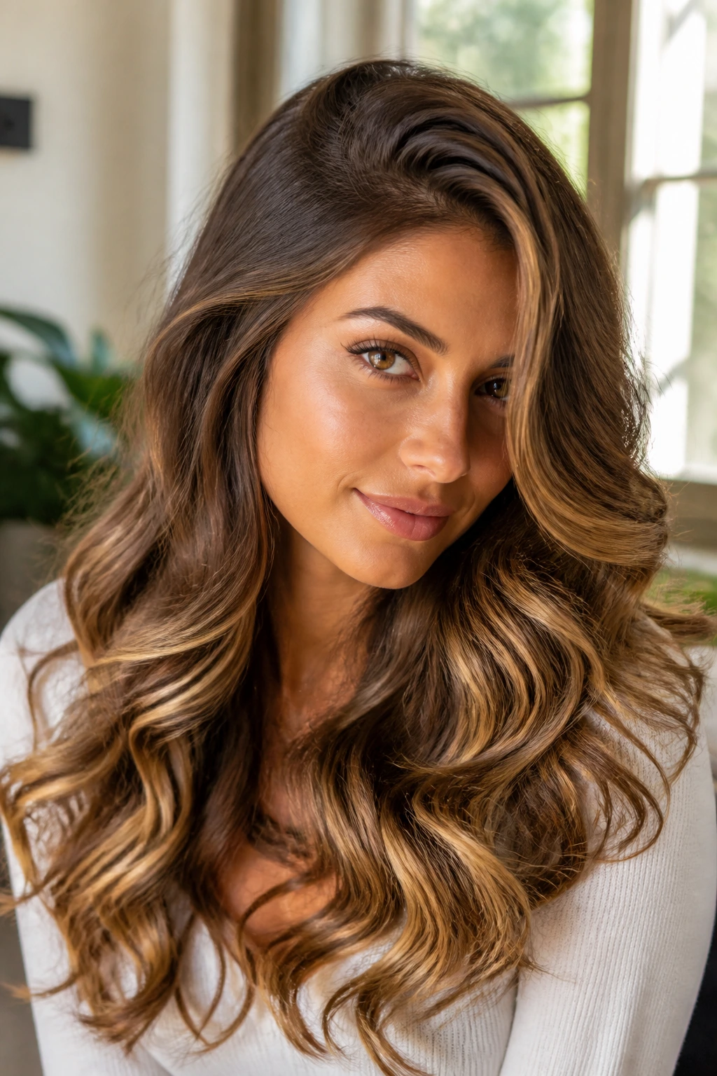 Portrait of a real woman with side-parted long curls and gold slices on olive skin in natural light.